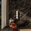 Luxurious Hotel Guest Room With Rock Wall Abstract Painting Wooden Accents And Plush Bed