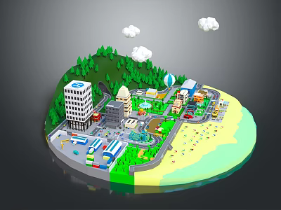 Vibrant Cartoon Island Scene With Green Hills Trees Buildings Roads Beach And White Clouds 3d model
