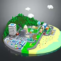 Vibrant Cartoon Island Scene With Green Hills Trees Buildings Roads Beach And White Clouds