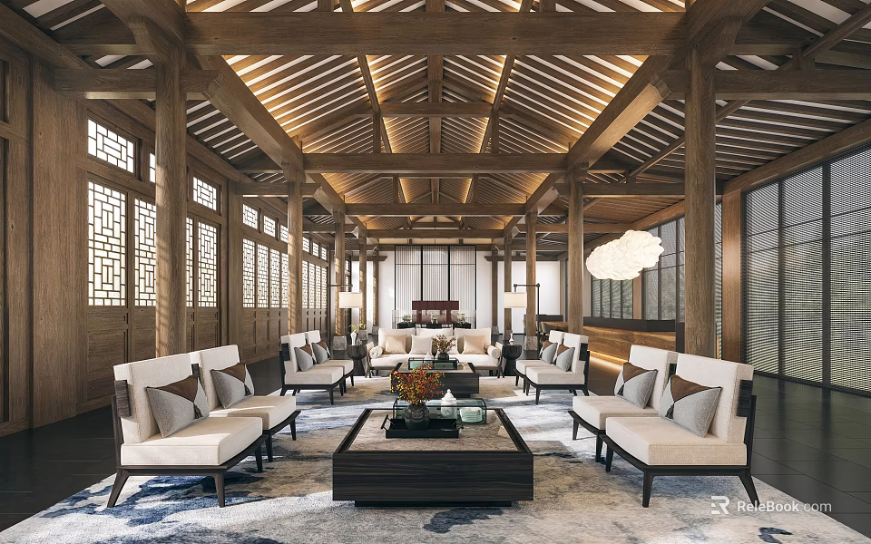 Traditional Chinese Hotel Lobby With Wooden Beams Lattice Windows Sofas And Coffee Table 3d model 