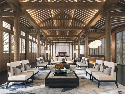 Traditional Chinese Hotel Lobby With Wooden Beams Lattice Windows Sofas And Coffee Table 3d model