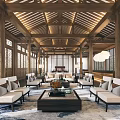 Traditional Chinese Hotel Lobby With Wooden Beams Lattice Windows Sofas And Coffee Table