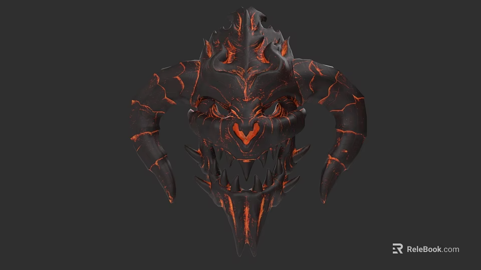 Demon Head Sculpture with Horns Sharp Teeth and Glowing Red Lava Accents 3d model 