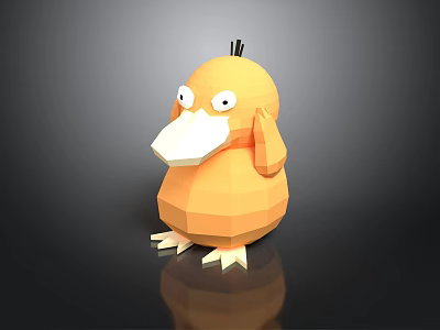 3D Cartoon Yellow Duck With Big Eyes Long Beak Round Body On Black Reflective Surface 3d model