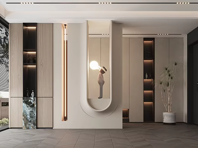 Modern Foyer Design With Lighting Storage And Greenery 3d model