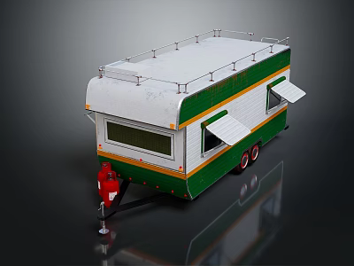 Vintage White Green Orange Striped Food Truck With Roof Rack Awning Windows And Red Wheels 3d model