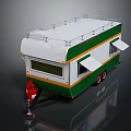 Vintage White Green Orange Striped Food Truck With Roof Rack Awning Windows And Red Wheels