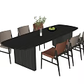 Stylish Dark Wooden Dining Table Set With Gray Brown Chairs Green Plant And Fruit Bowl