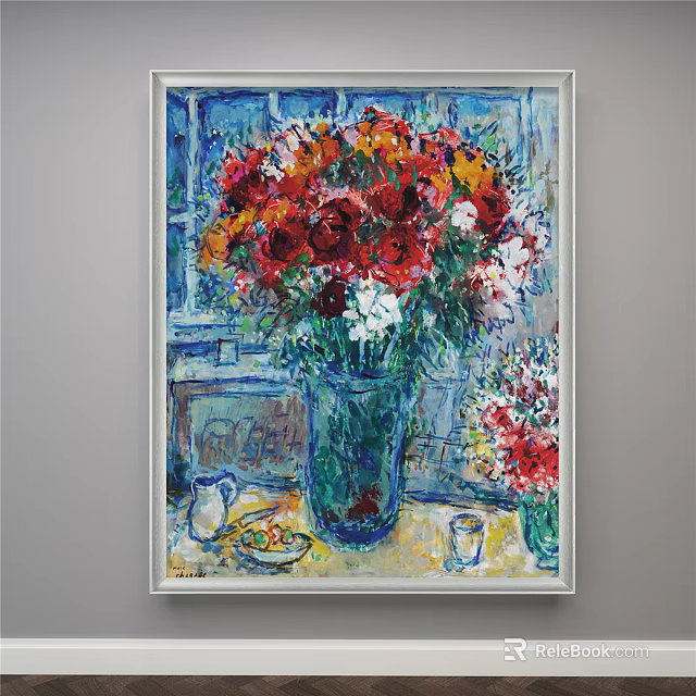Vibrant Flower Painting With Colorful Bouquet In Glass Vase And Window Background 3d model 
