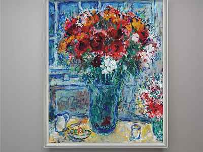 Vibrant Flower Painting With Colorful Bouquet In Glass Vase And Window Background 3d model