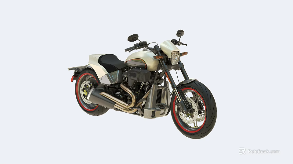 Classic Cruiser Motorcycle In White And Black With Leather Seat Chrome Exhaust And Red Rims 3d model 