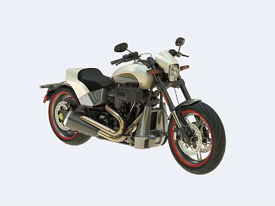 Classic Cruiser Motorcycle In White And Black With Leather Seat Chrome Exhaust And Red Rims 3d model