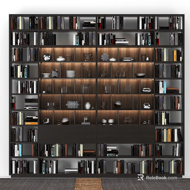 Contemporary Multi Tiered Bookshelf With Organized Books Decorative Pieces And Soft Lighting 3d model 