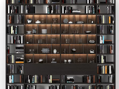 Contemporary Multi Tiered Bookshelf With Organized Books Decorative Pieces And Soft Lighting 3d model