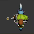 Horned Green Skinned Warrior With Orange Helmet And Large Sword Standing By Blue Creature Companion