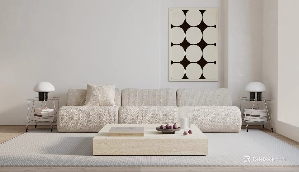 Modern Minimalist Three Seater Sofa With Cushions Coffee Table And Black White Circular Wall Art 3d model 