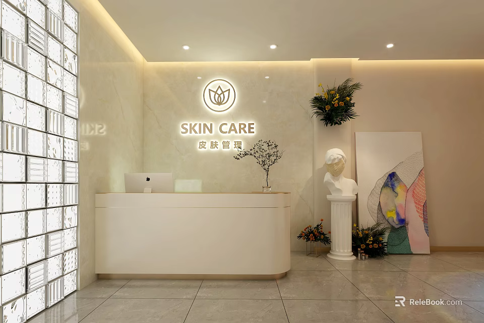 Beauty Salon Interior Featuring Reception Desk Skin Care Sign Marble Wall Green Plants And Sculpture 3d model 