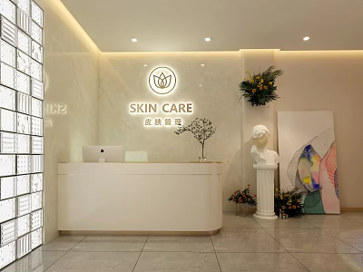 Beauty Salon Interior Featuring Reception Desk Skin Care Sign Marble Wall Green Plants And Sculpture 3d model