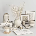 Elegant Decorative Ornament Collection With Vase Lantern Candles Frames Books And Dried Flowers