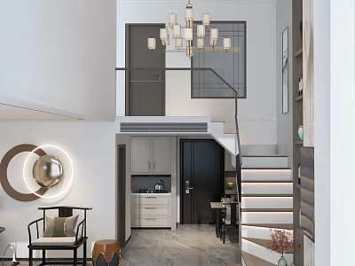 Elegant New Chinese Style Living And Dining Room With Loft Staircase And Exquisite Decor 3d model