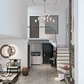 Elegant New Chinese Style Living And Dining Room With Loft Staircase And Exquisite Decor