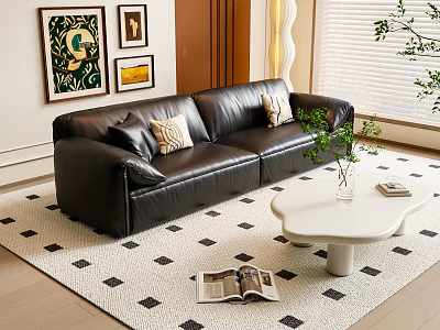 Black Leather Sectional Sofa with Decorative Pillows on Diamond Patterned Rug and White Coffee Table 3d model