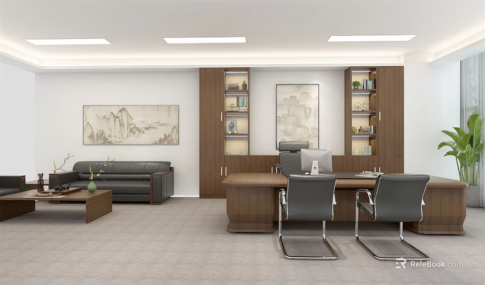 Modern Office Interior With Executive Desk Chairs Sofa Coffee Table Bookshelves And Wall Paintings 3d model 