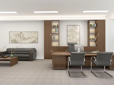 Modern Office Interior With Executive Desk Chairs Sofa Coffee Table Bookshelves And Wall Paintings 3d model