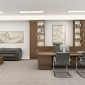 Modern Office Interior With Executive Desk Chairs Sofa Coffee Table Bookshelves And Wall Paintings 3d model