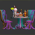 Colorful Furniture Set With Blue Pink Tables Chairs And Tea Dessert Items