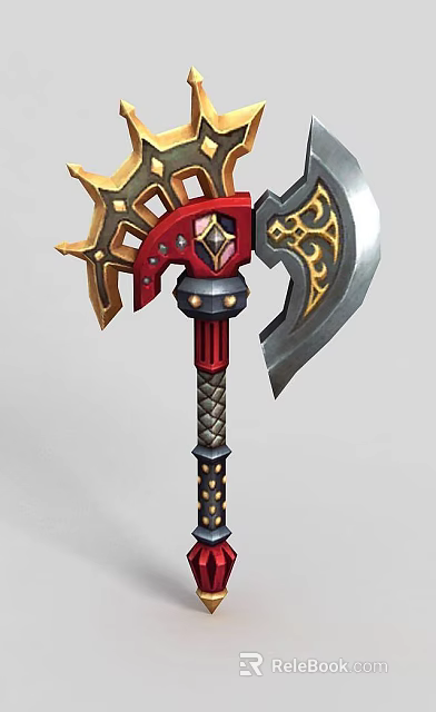 Tech Exhibition Hall Showcasing Intricate Decorative Weapon With Red Gold Silver Accents And Gemstone Details 3d model 