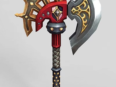 Tech Exhibition Hall Showcasing Intricate Decorative Weapon With Red Gold Silver Accents And Gemstone Details 3d model