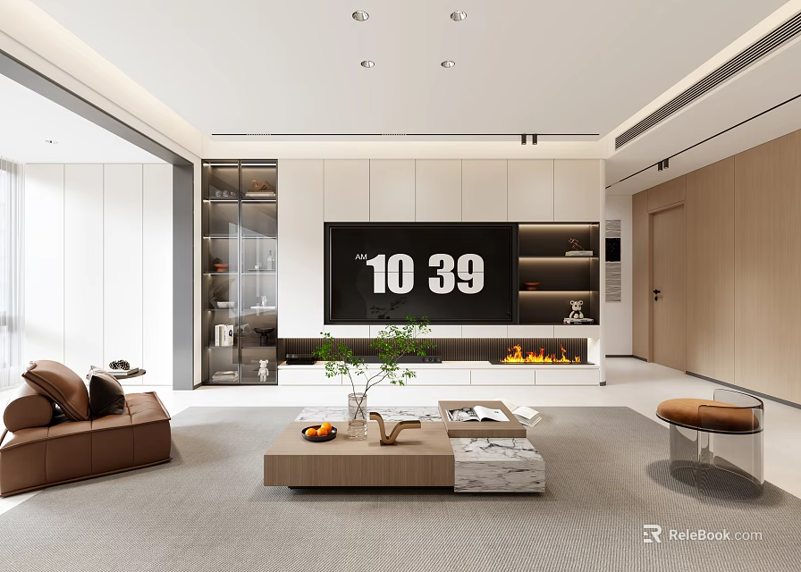 Modern Living Dining Room Interior With Sofa Coffee Table TV Wall And Fireplace 3d model 