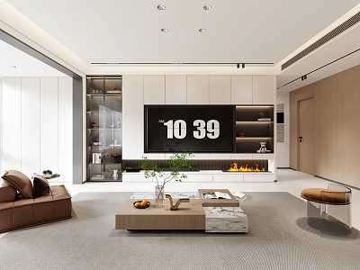 Modern Living Dining Room Interior With Sofa Coffee Table TV Wall And Fireplace 3d model