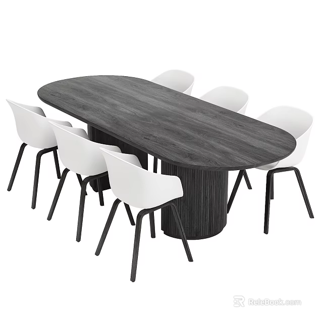 Modern Oval Dark Wooden Dining Table Set With Six White Chairs And Black Legs 3d model 