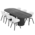 Modern Oval Dark Wooden Dining Table Set With Six White Chairs And Black Legs