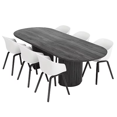 Modern Oval Dark Wooden Dining Table Set With Six White Chairs And Black Legs 3d model