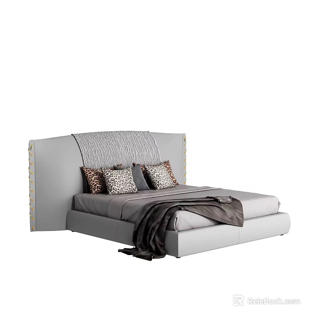Double Bed With Textured Headboard Patterned Decorative Pillows And Gray Blanket Modern Design 3d model