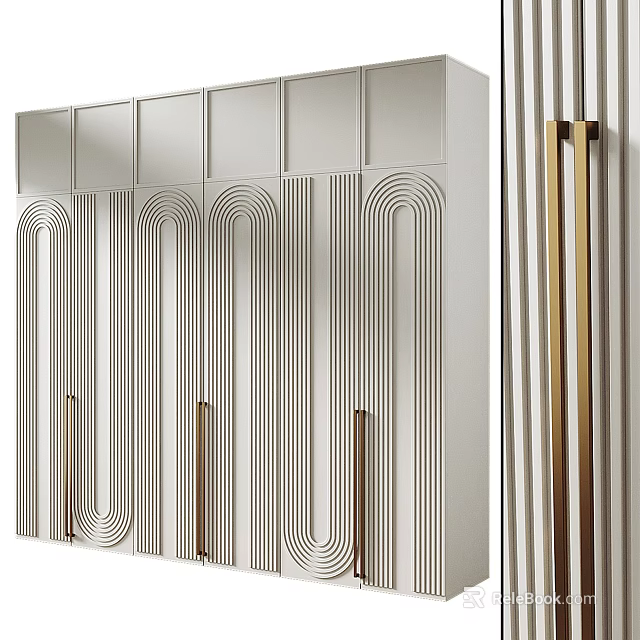 Modern Wardrobe Design With Mirrored Panels Arched Patterns And Golden Handles 3d model