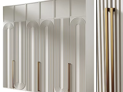 Modern Wardrobe Design With Mirrored Panels Arched Patterns And Golden Handles 3d model