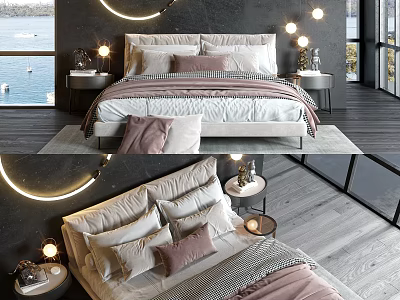 Double Bed With Soft Pillows And Modern Bedding In Sea View Bedroom With Circular Lights 3d model