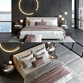 Double Bed With Soft Pillows And Modern Bedding In Sea View Bedroom With Circular Lights