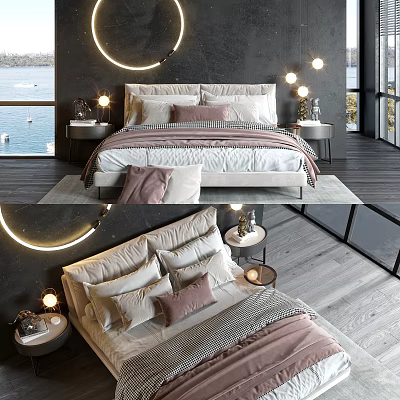 Double Bed With Soft Pillows And Modern Bedding In Sea View Bedroom With Circular Lights 3d model
