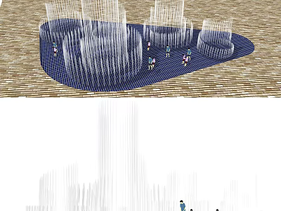 Public Square Fountain With Blue Pool Water Jets And People Enjoying Around 3d model