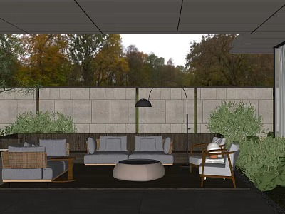 Serene Garden Landscape With Outdoor Patio Seating Green Plants Hanging Lamp And Stone Wall 3d model