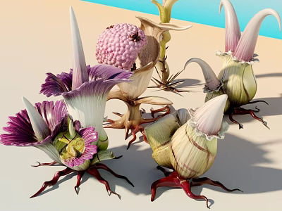 Unique Exotic Flowers with Purple White Petals Pink Spherical Structures Red Root Bases 3d model