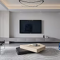 Modern Living Dining Room Interior With Gray Sofa Blue Painting And Curved Pendant Light