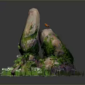 Natural Stone Decorative Landscape With Moss Covered Rocks Green Grass And Small White Flowers