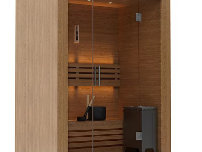 Modern SPA Sauna Room Interior With Wooden Walls Glass Door And Built In Lighting 3d model