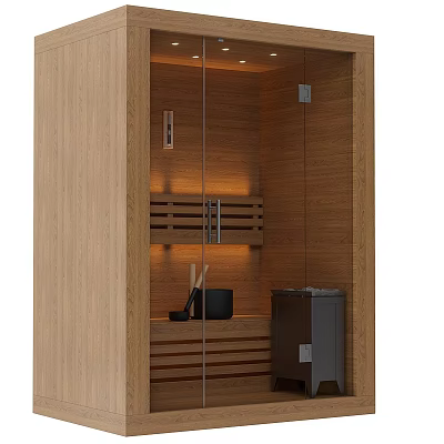 Modern SPA Sauna Room Interior With Wooden Walls Glass Door And Built In Lighting 3d model